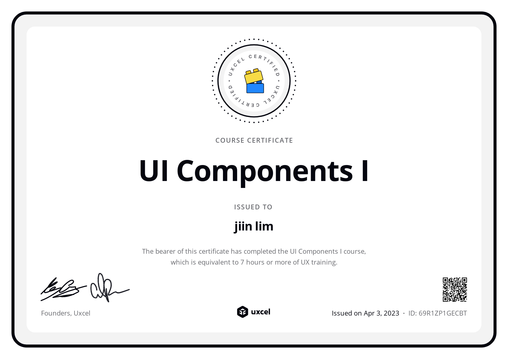 Jiin Lim's certificate